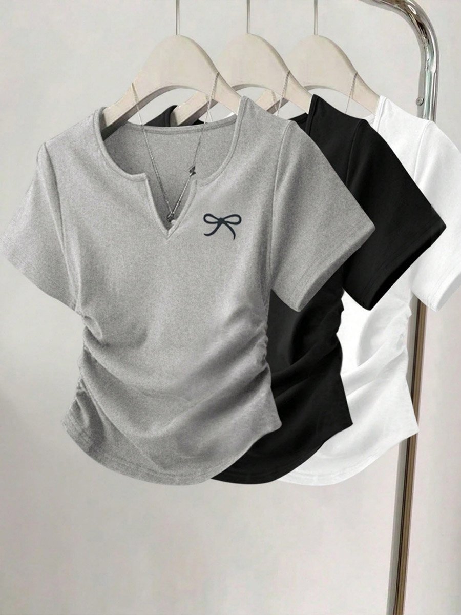 Womens V-Neck Knitted Short Sleeve T-Shirt - 3 Pack