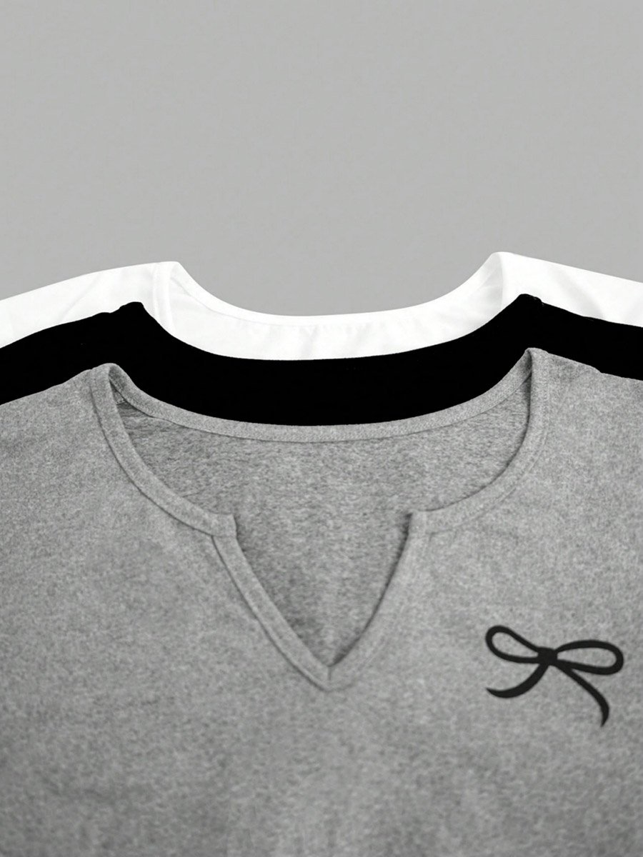 Womens V-Neck Knitted Short Sleeve T-Shirt - 3 Pack