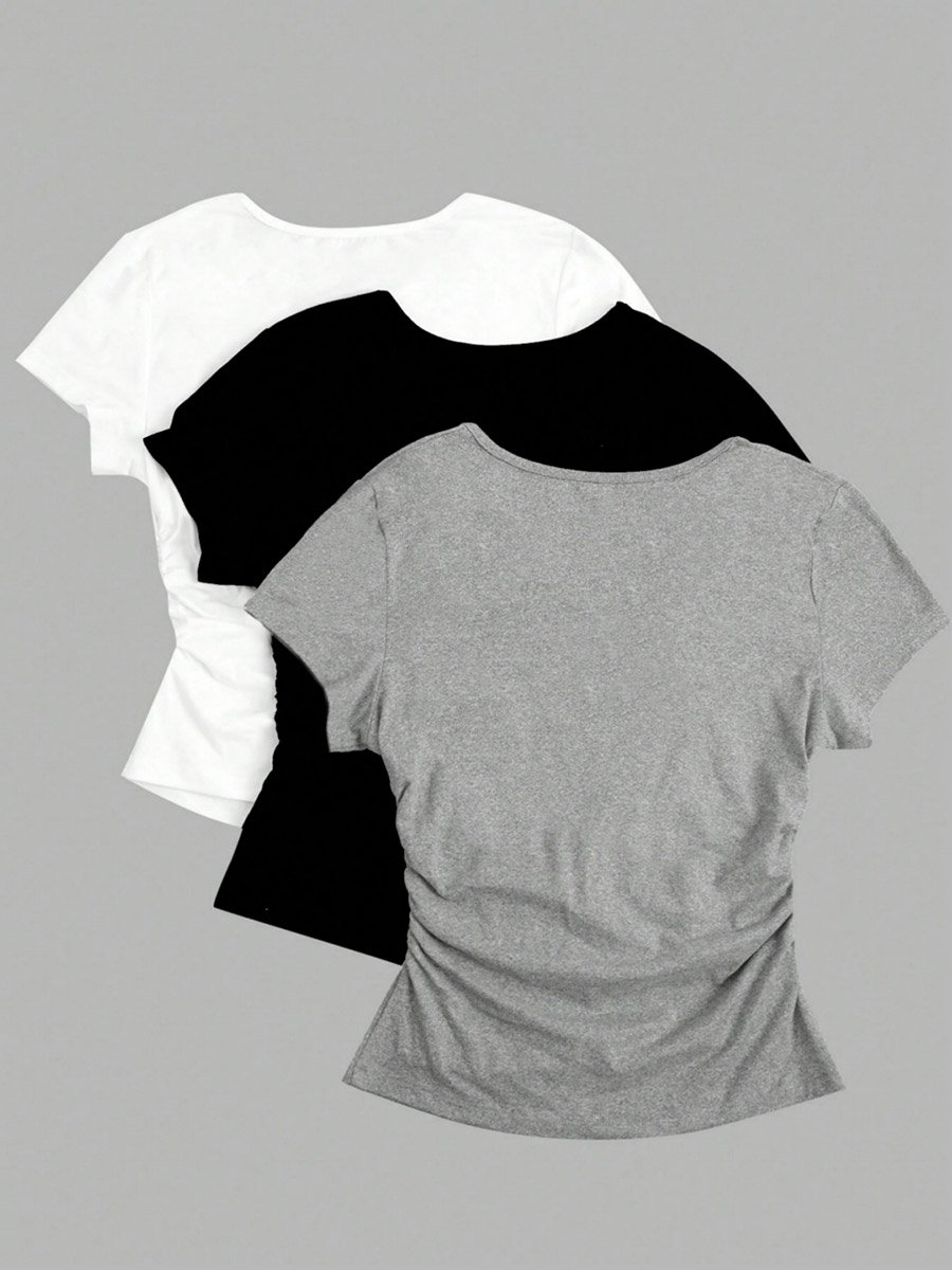 Womens V-Neck Knitted Short Sleeve T-Shirt - 3 Pack