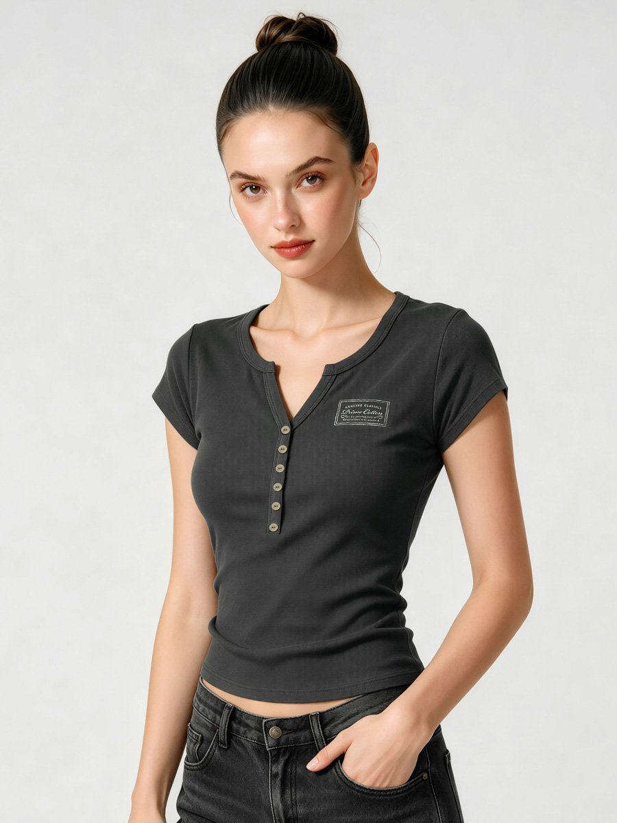 Womens Olive Knitted V-Neck Short Sleeve Tee -  Collection