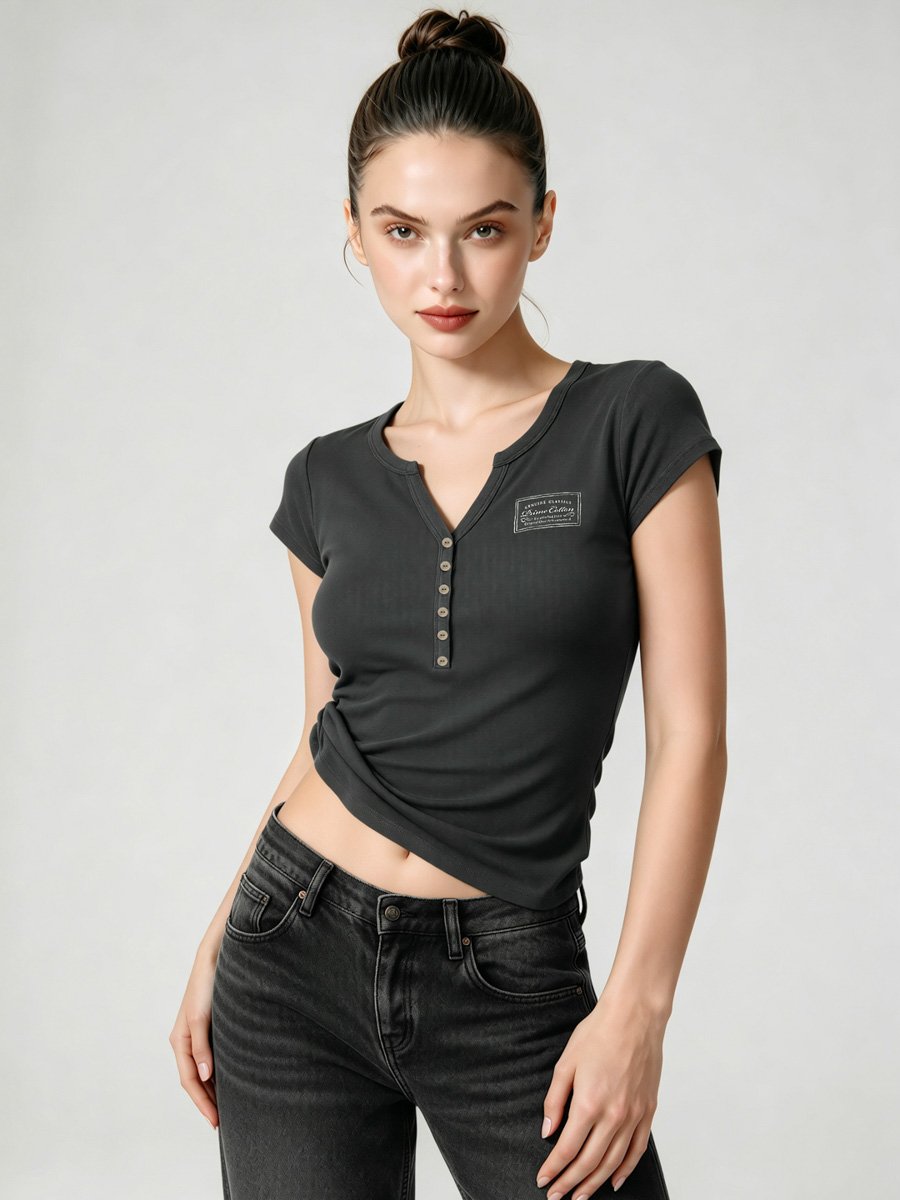 Womens Olive Knitted V-Neck Short Sleeve Tee -  Collection