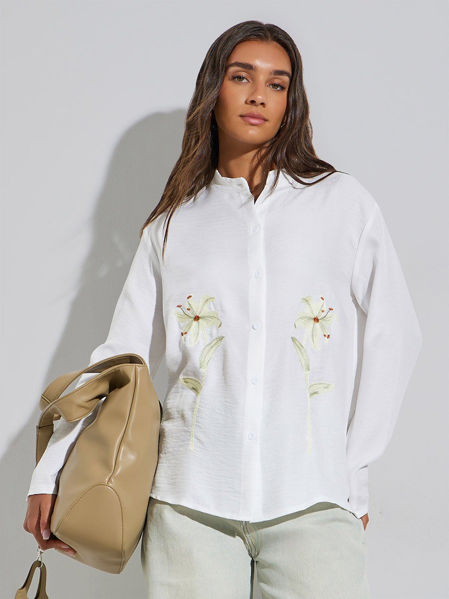 White Floral Print Oversized Shirt