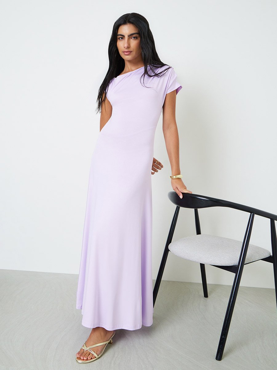 Purple Asymmetric Neck A-Line Maxi Dress