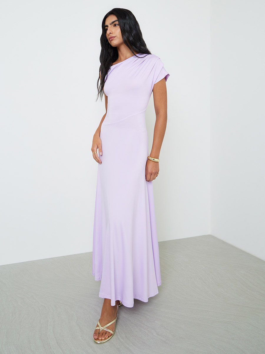 Purple Asymmetric Neck A-Line Maxi Dress