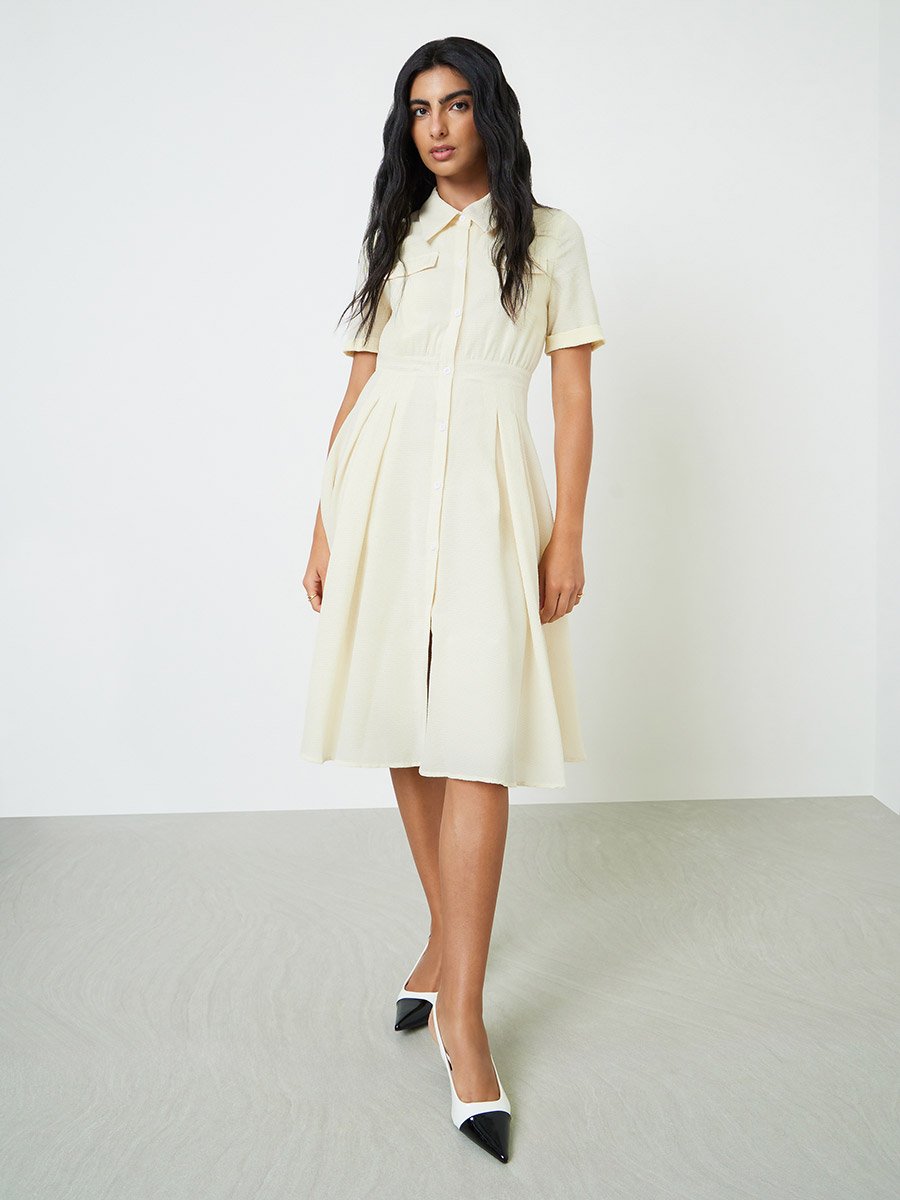 Beige Solid Pleated Shirt Midi Dress