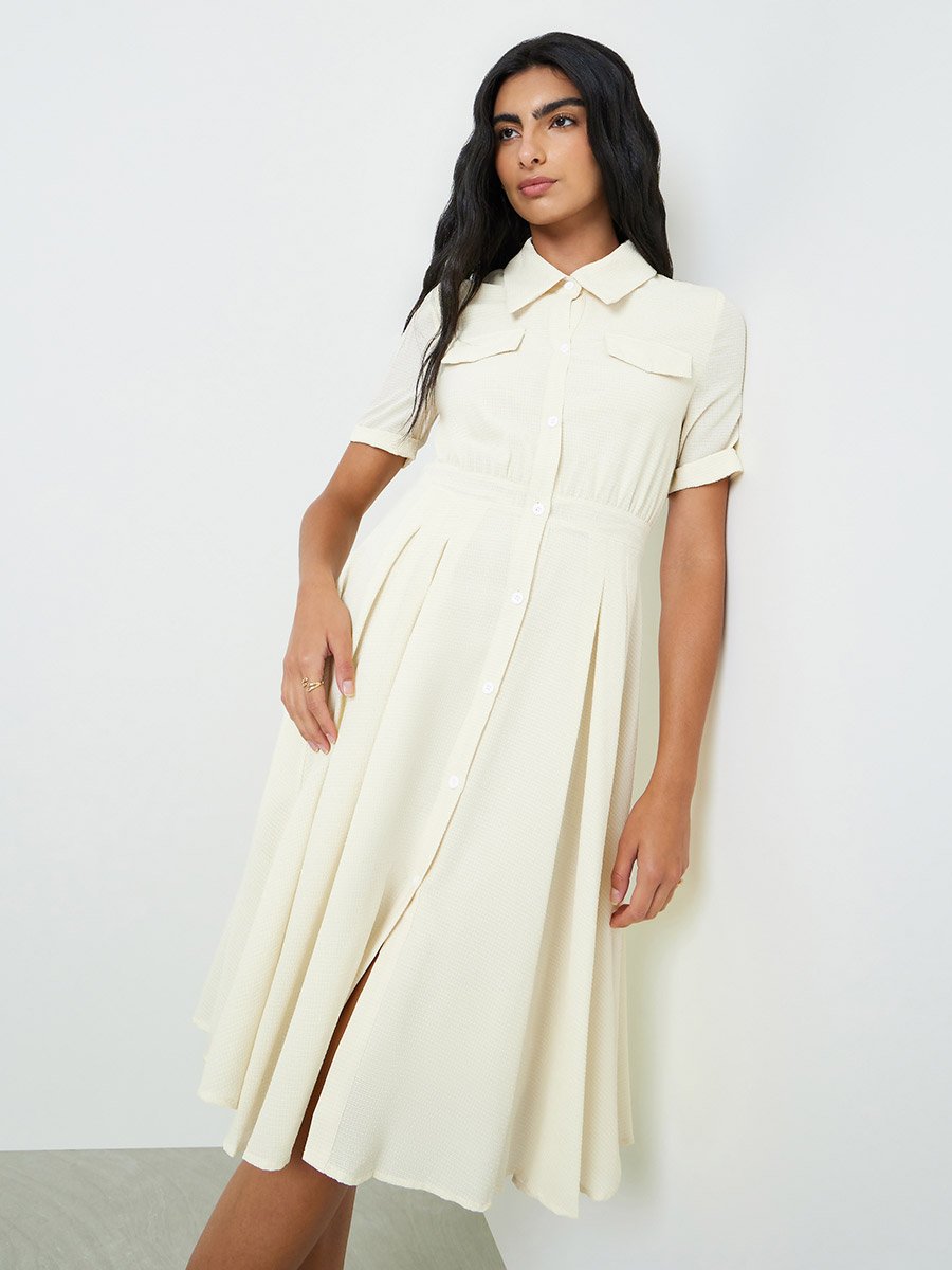 Beige Solid Pleated Shirt Midi Dress