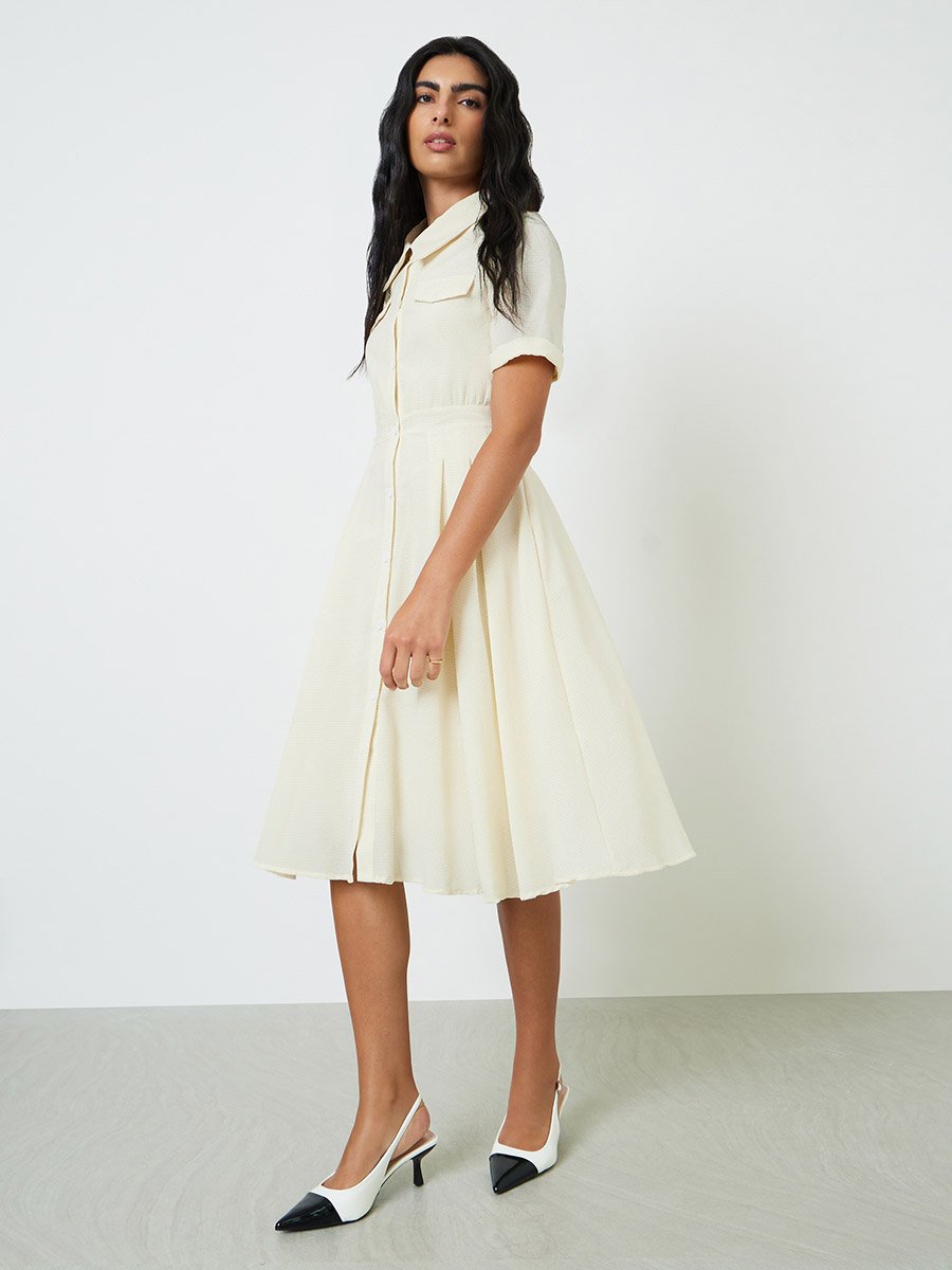 Beige Solid Pleated Shirt Midi Dress