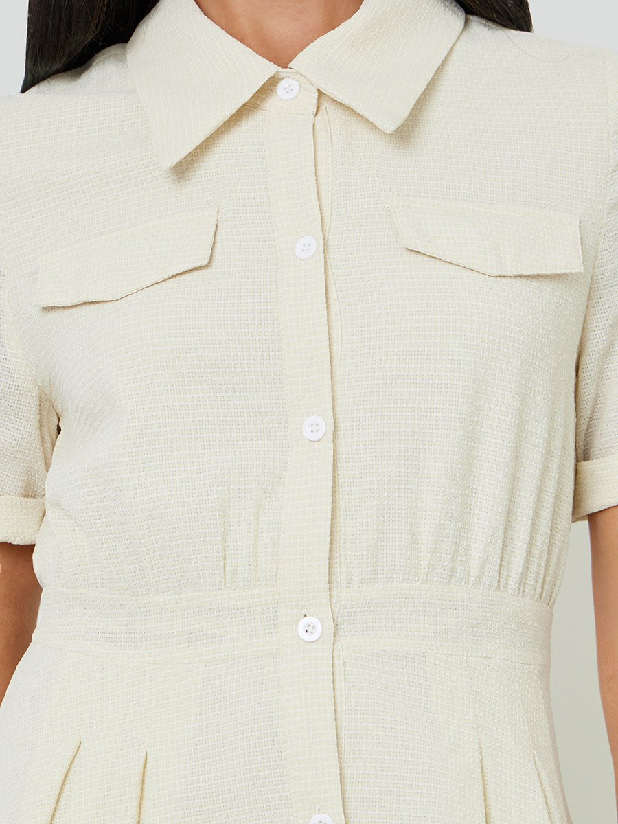 Beige Solid Pleated Shirt Midi Dress