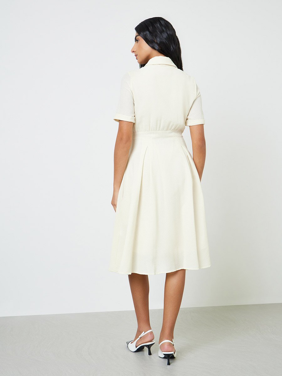 Beige Solid Pleated Shirt Midi Dress