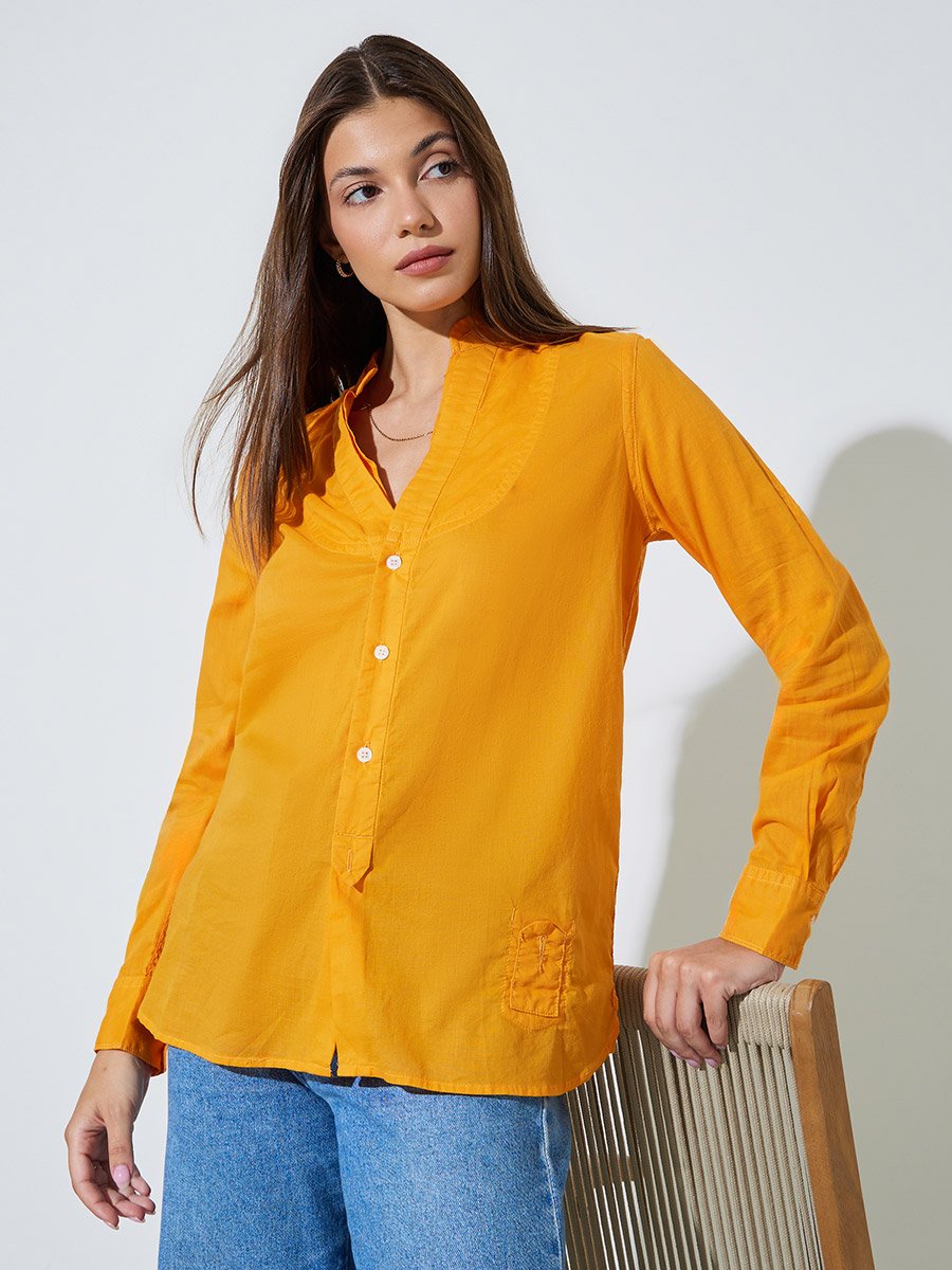 Orange Solid Long Sleeves Button Front Blouse