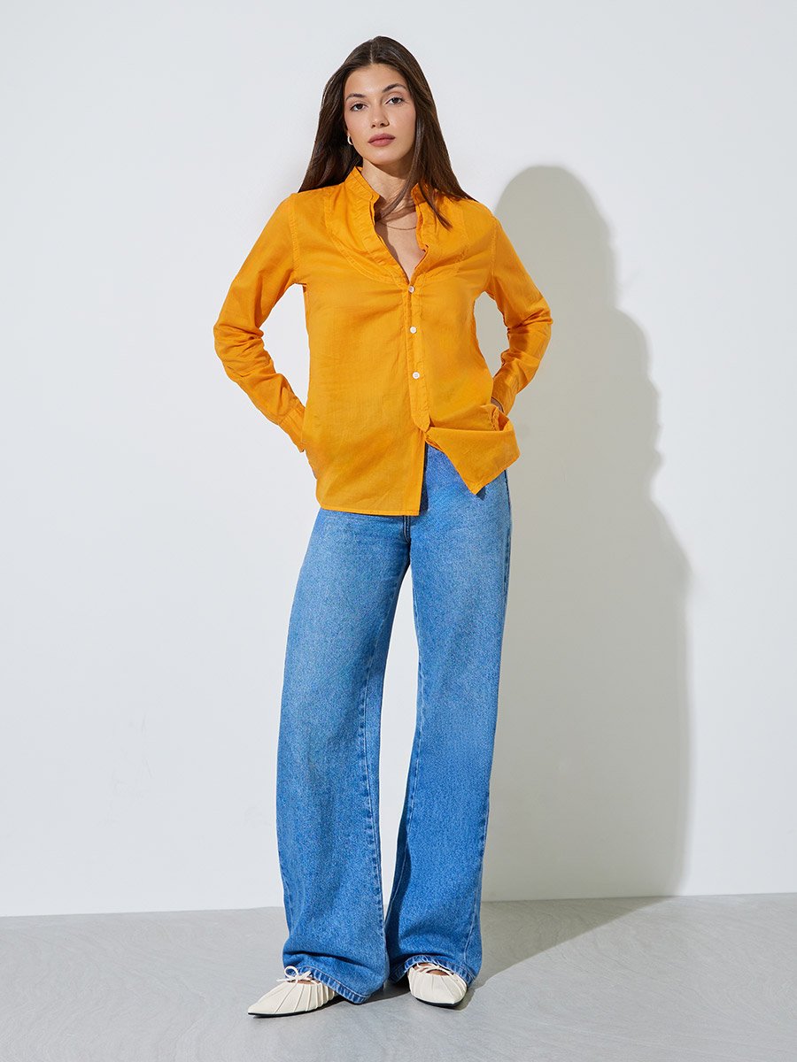 Orange Solid Long Sleeves Button Front Blouse