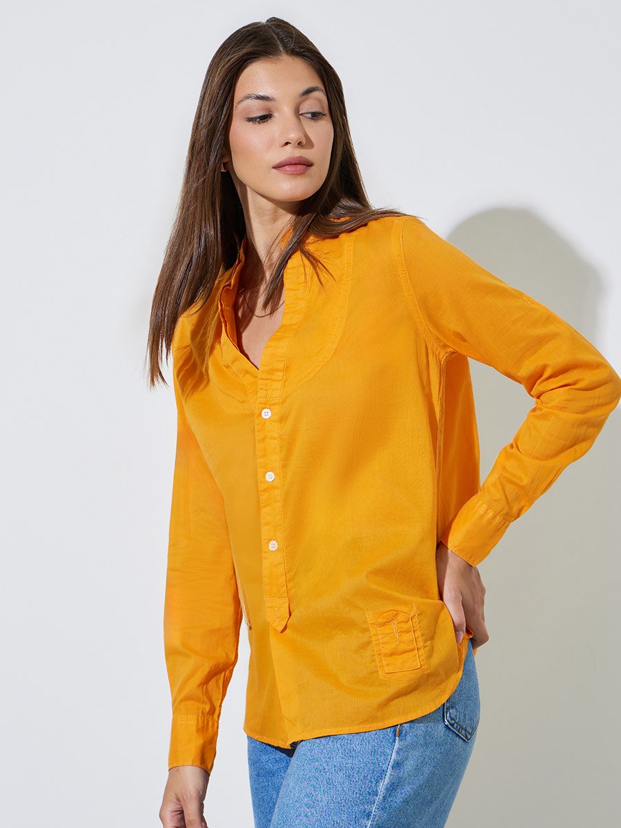 Orange Solid Long Sleeves Button Front Blouse