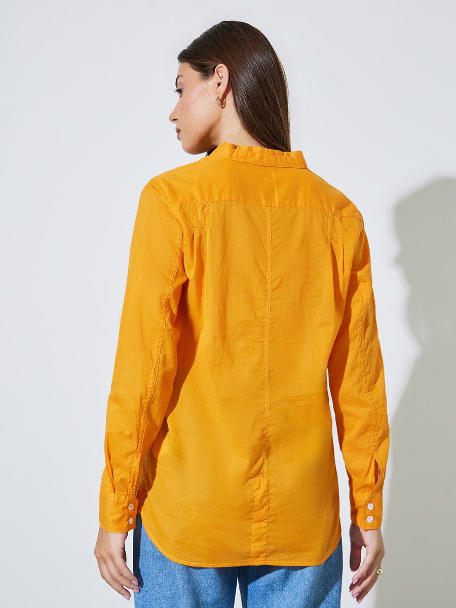 Orange Solid Long Sleeves Button Front Blouse