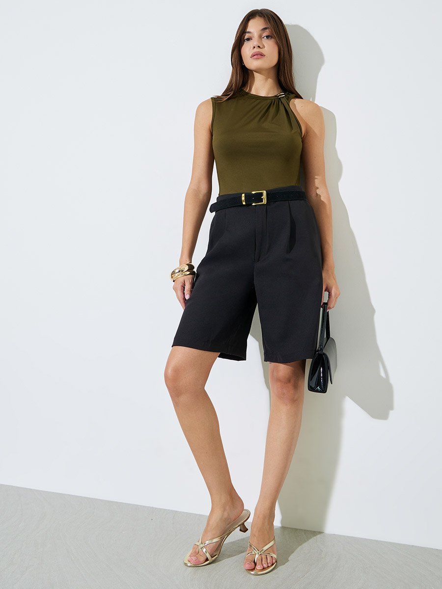 Olive Fitted Tank with Metal Decor