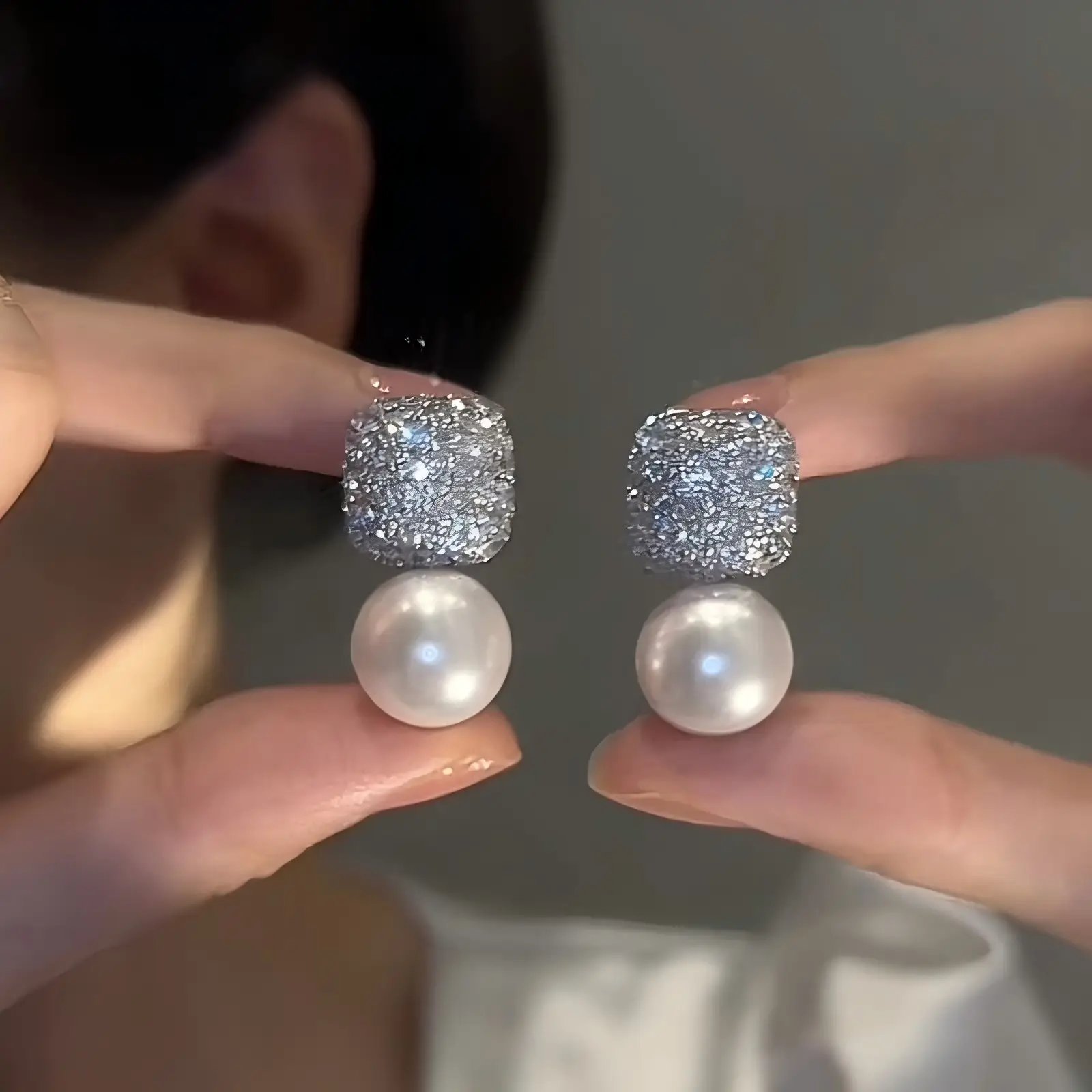 Silver Post Square Pearl Stud Earrings