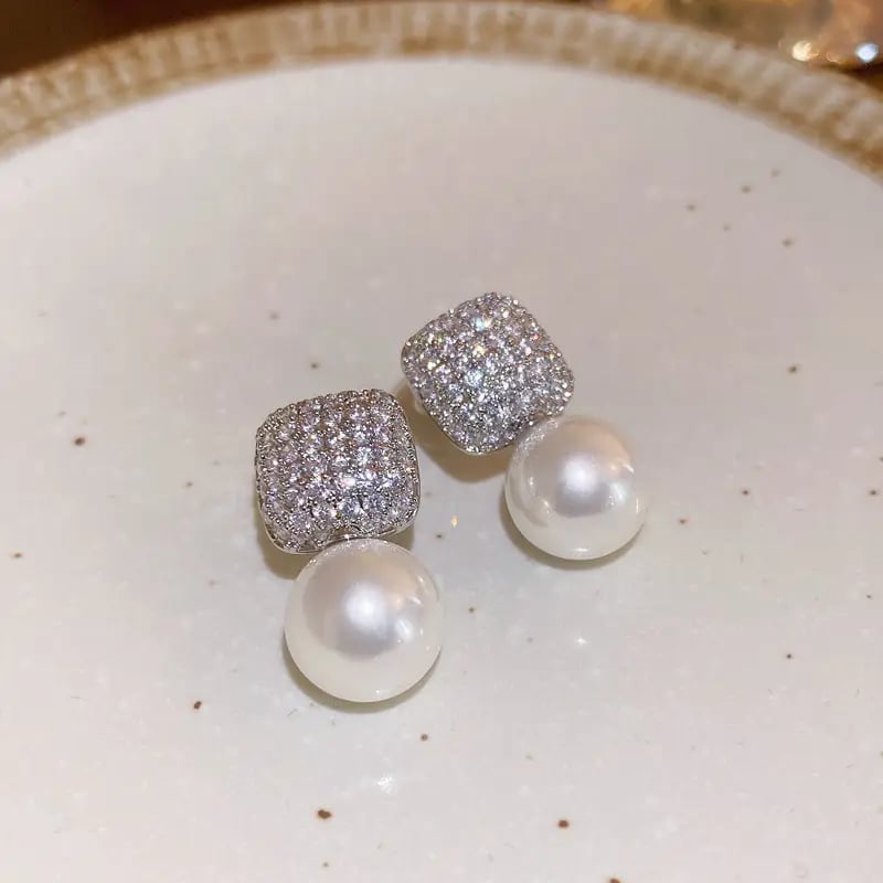 Silver Post Square Pearl Stud Earrings