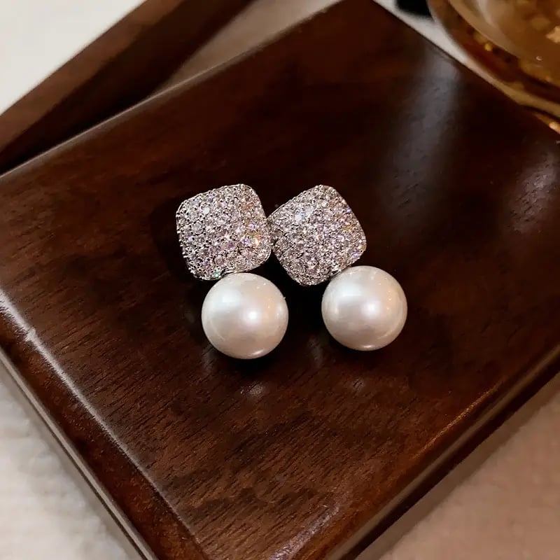 Silver Post Square Pearl Stud Earrings