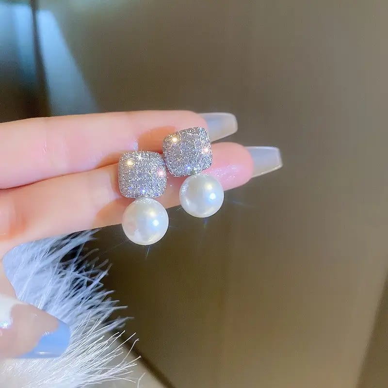 Silver Post Square Pearl Stud Earrings
