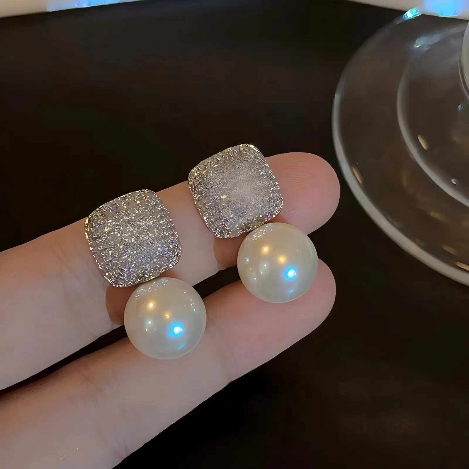 Silver Post Square Pearl Stud Earrings