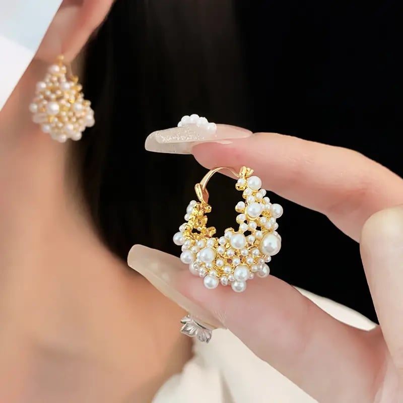Hollow-Out Pearl Huggie Earrings