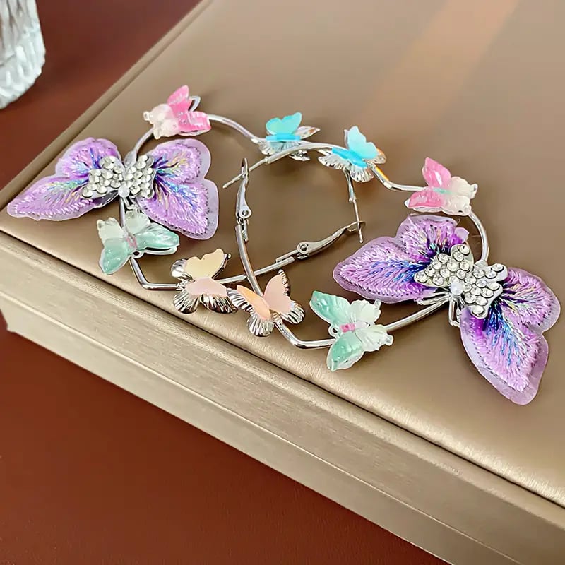 Heart Butterfly Rhinestone Pearl Hoop Earrings