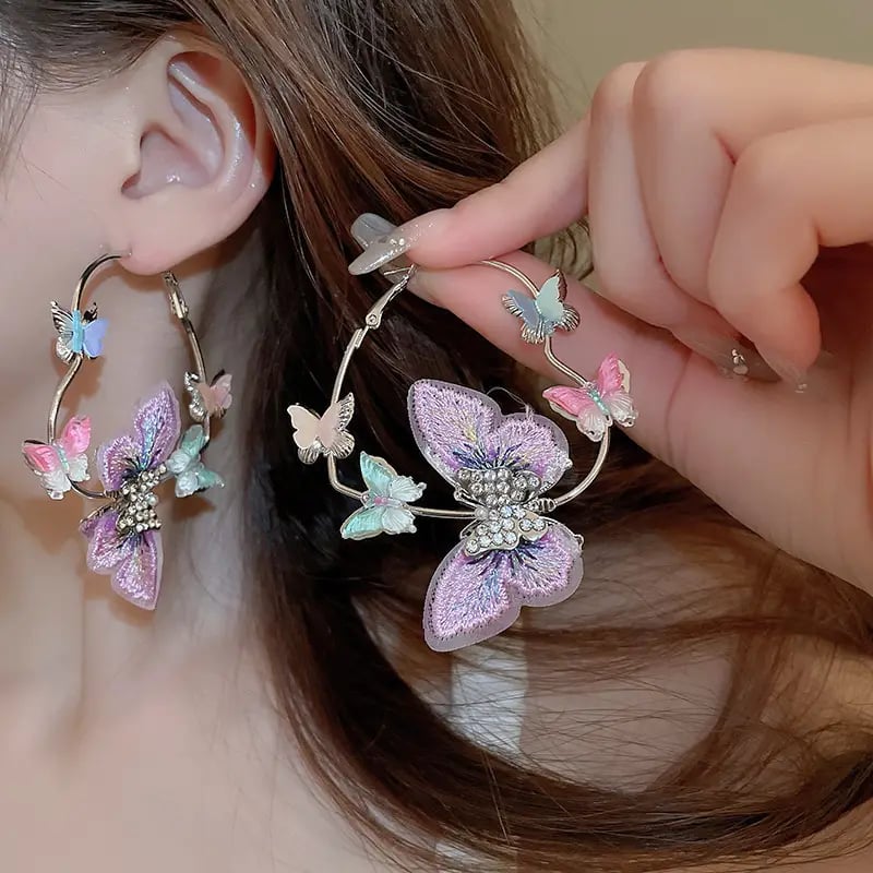 Heart Butterfly Rhinestone Pearl Hoop Earrings