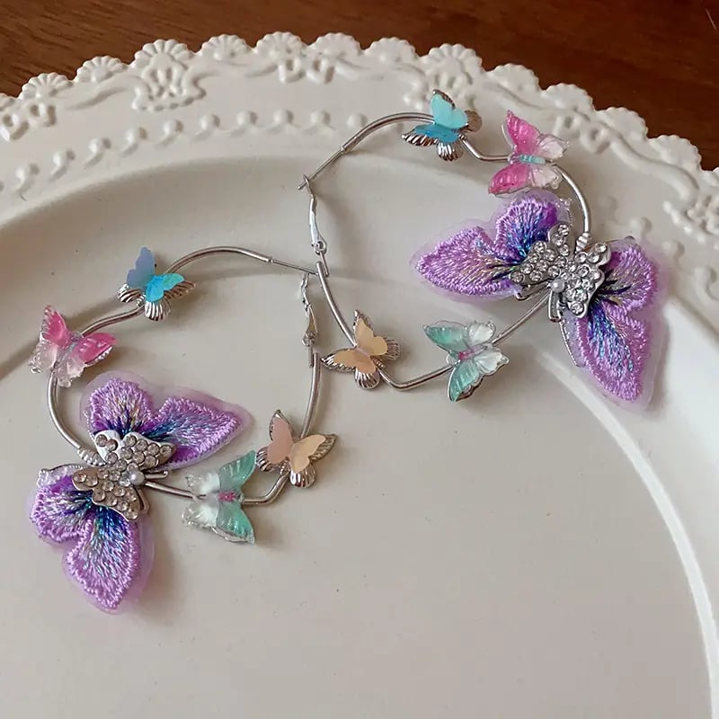 Heart Butterfly Rhinestone Pearl Hoop Earrings