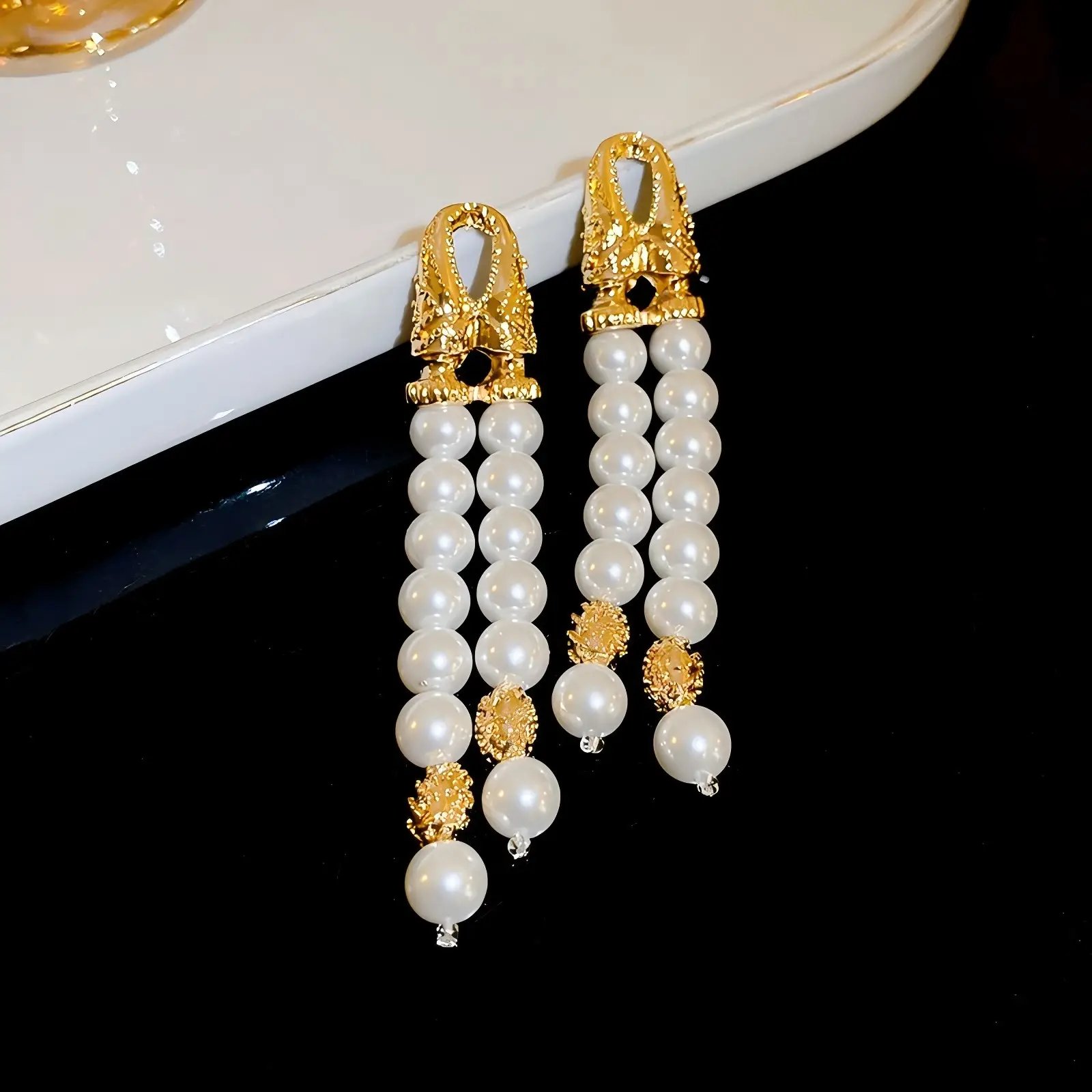 Double Layer Faux Pearl Tassel Earrings