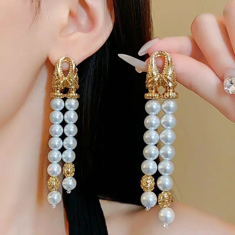 Double Layer Faux Pearl Tassel Earrings