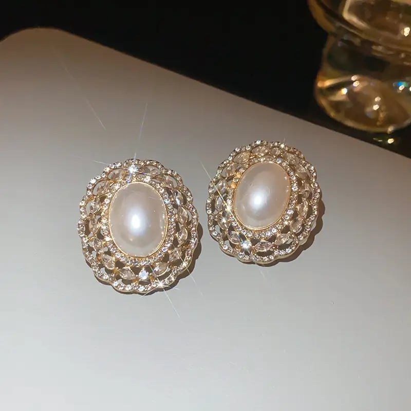 Hollow Flower Rhinestone Faux Pearl Stud Earrings