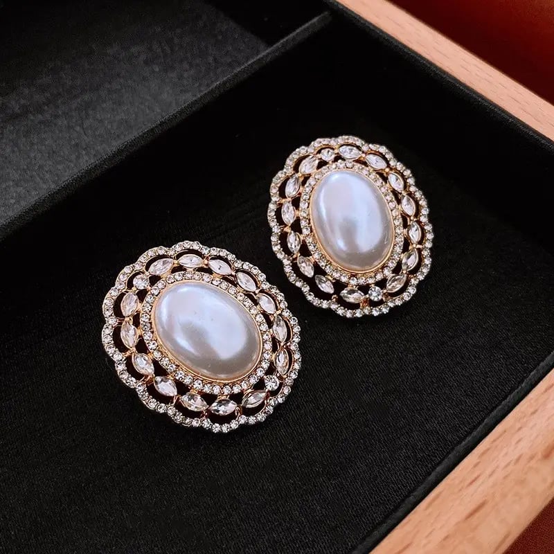 Hollow Flower Rhinestone Faux Pearl Stud Earrings