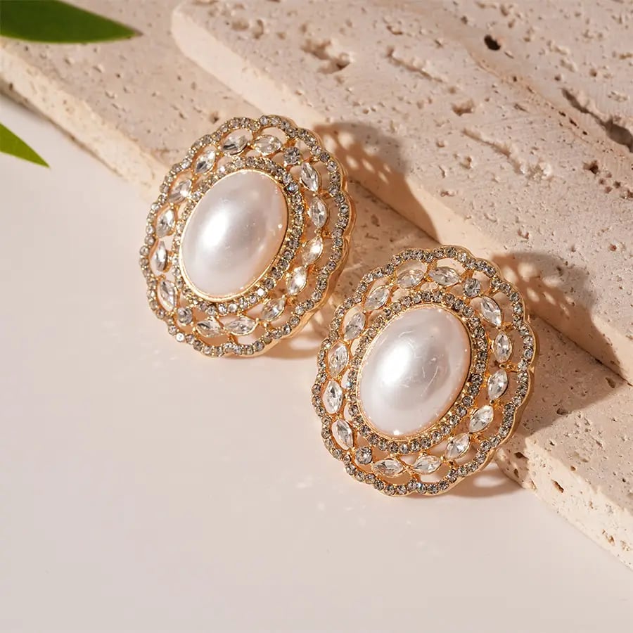 Hollow Flower Rhinestone Faux Pearl Stud Earrings