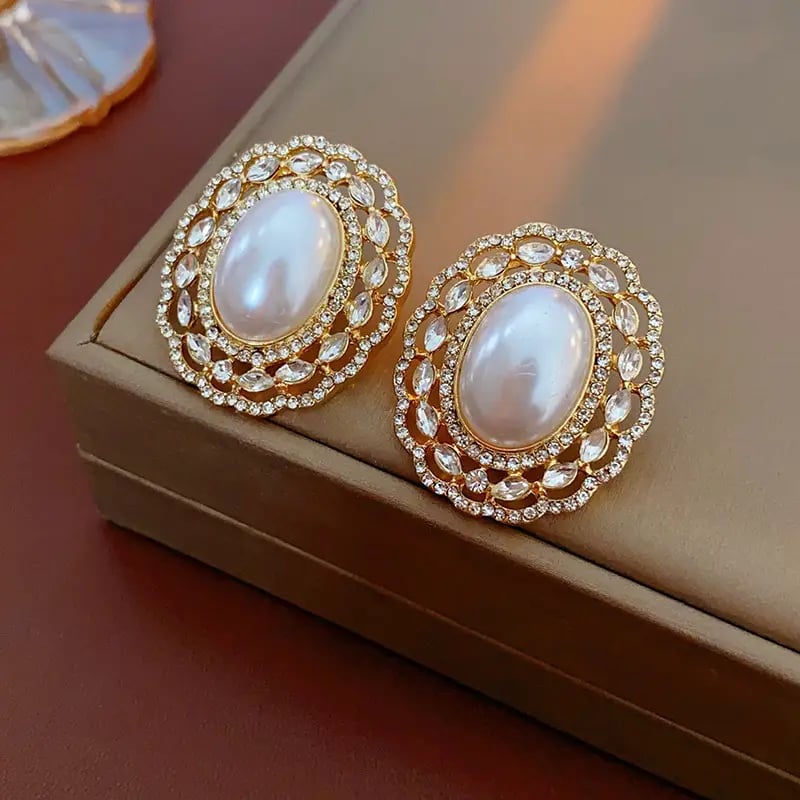 Hollow Flower Rhinestone Faux Pearl Stud Earrings