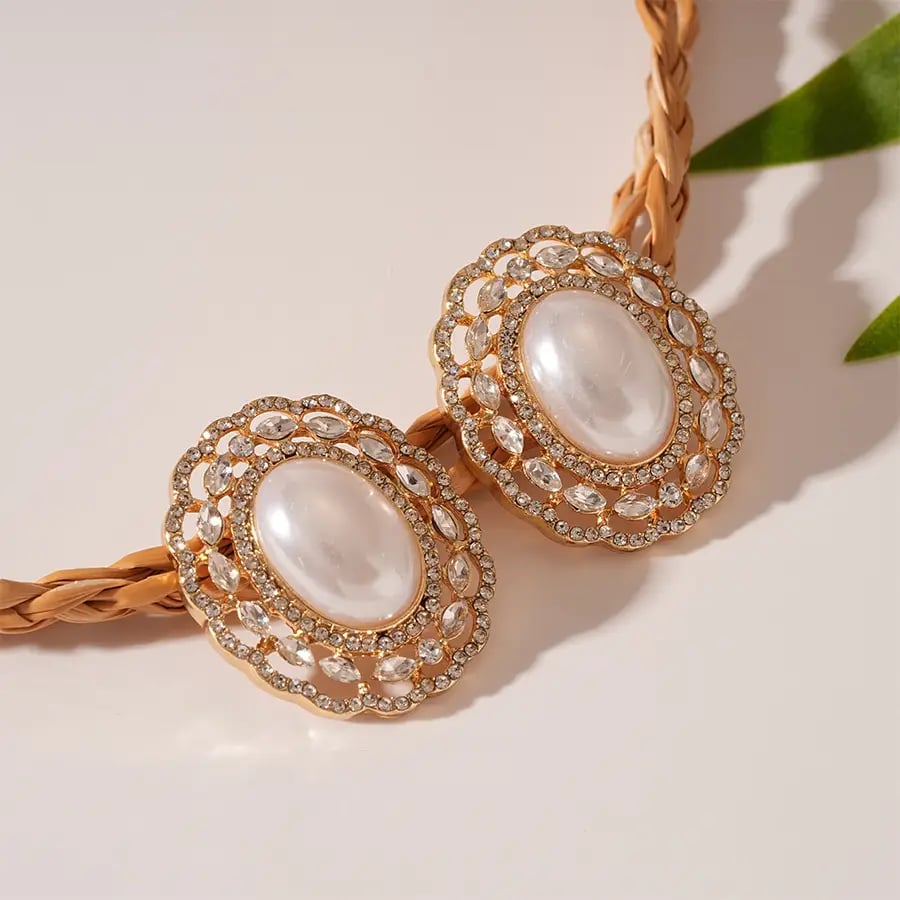 Hollow Flower Rhinestone Faux Pearl Stud Earrings