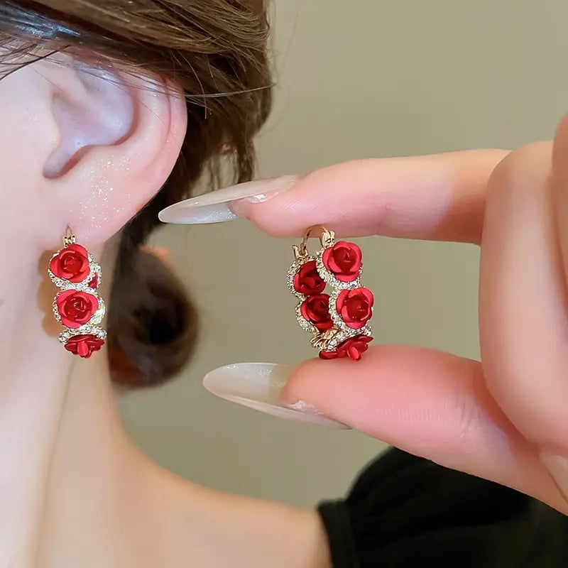 Red Rose Hoop Earrings