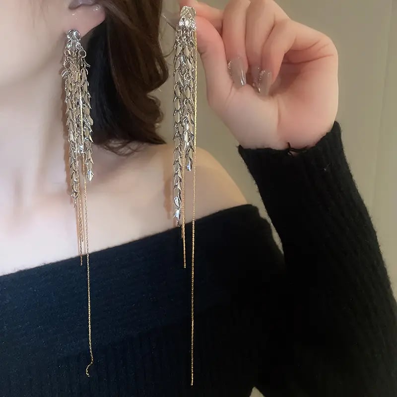 Wheat Leaf Tassel Drop Earrings