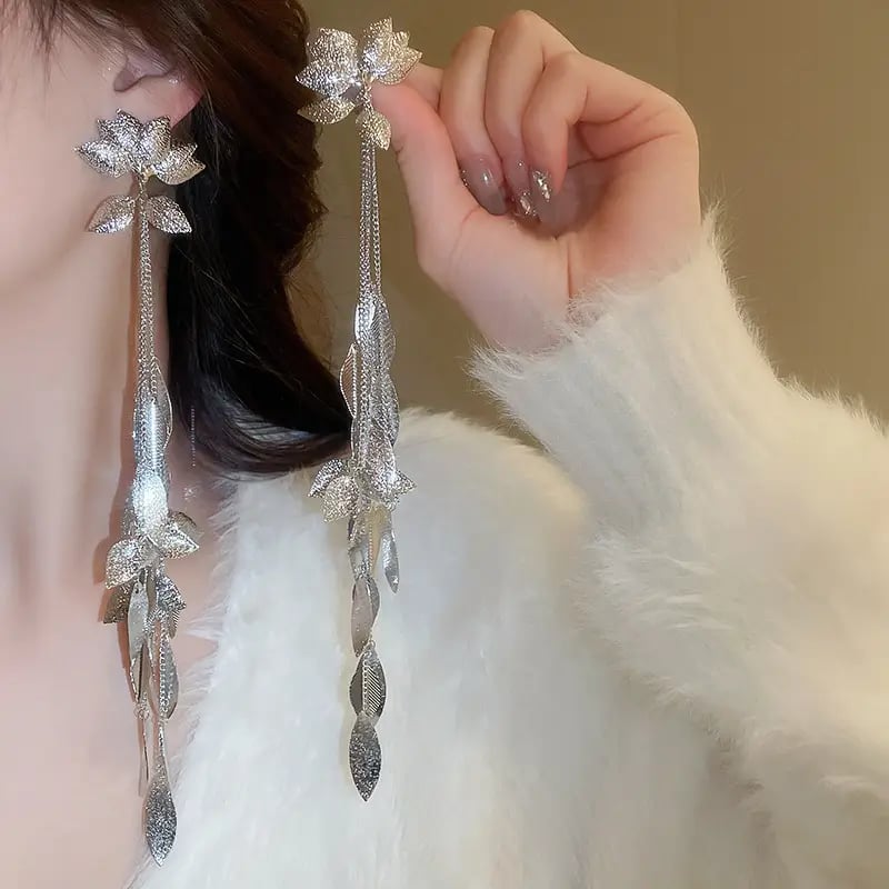 Flower Petal Leaf Tassel Drop Earrings