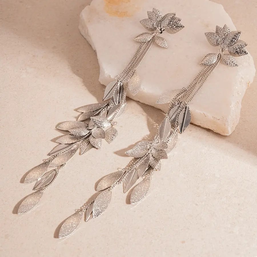 Flower Petal Leaf Tassel Drop Earrings
