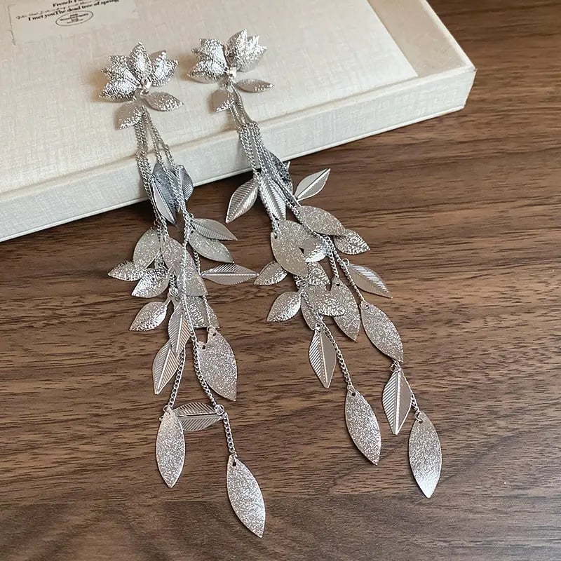 Flower Petal Leaf Tassel Drop Earrings