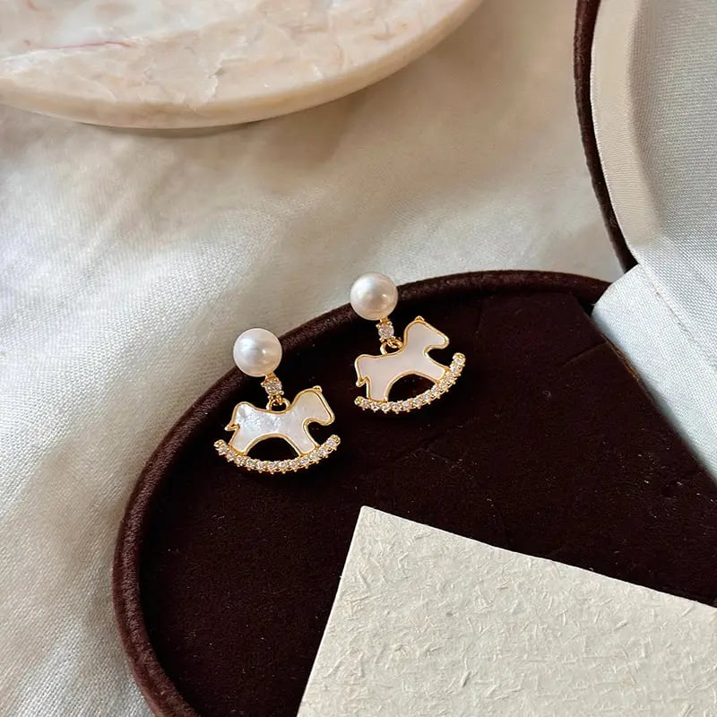 Rocking Horse Stud Earrings with Pearl Accent