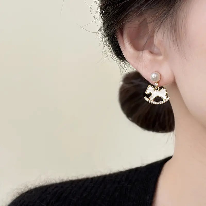 Rocking Horse Stud Earrings with Pearl Accent