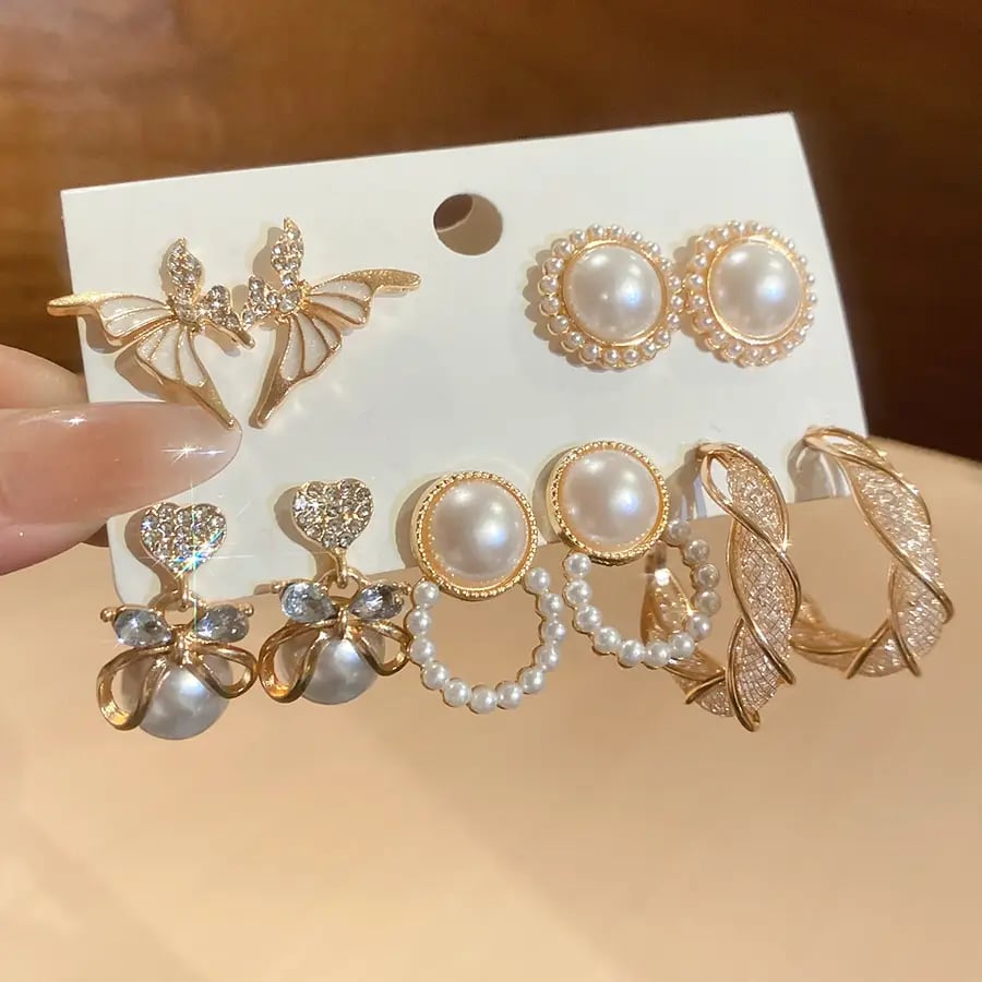 Set of 5 - Dainty Pearl Embellished Earrings