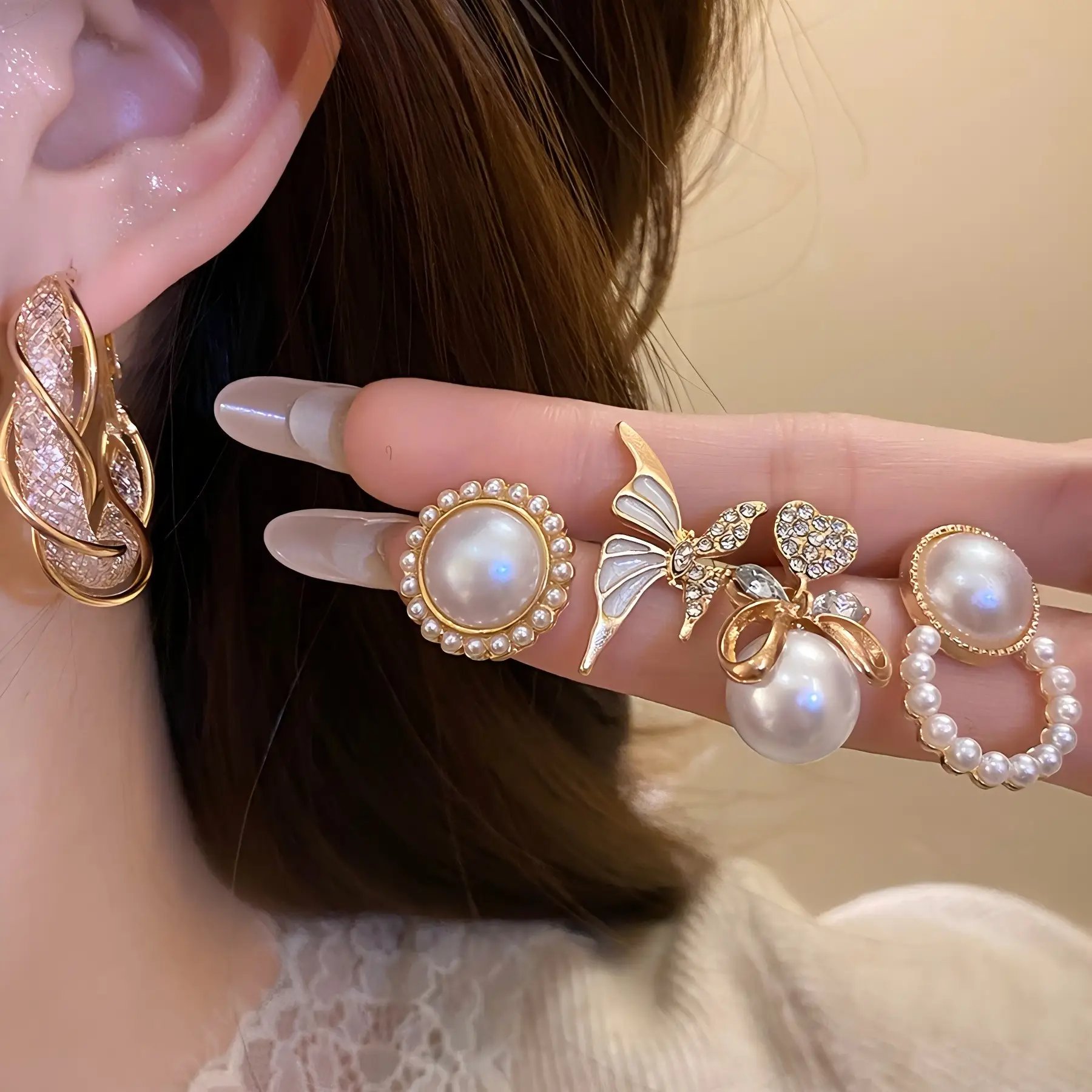 Set of 5 - Dainty Pearl Embellished Earrings