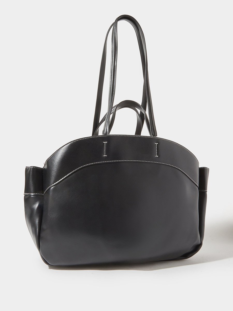 Black Faux Leather Contrast Stitching Structured Tote Bag
