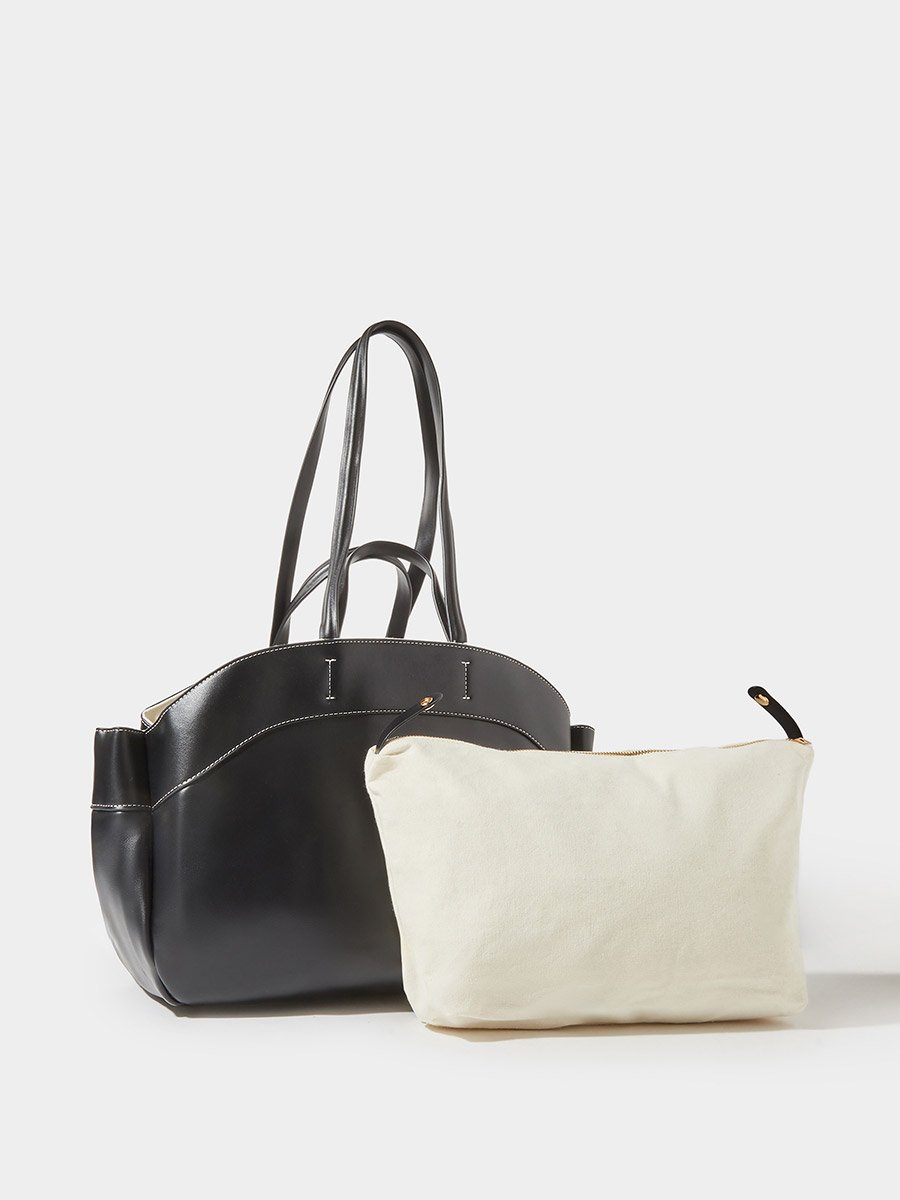 Black Faux Leather Contrast Stitching Structured Tote Bag