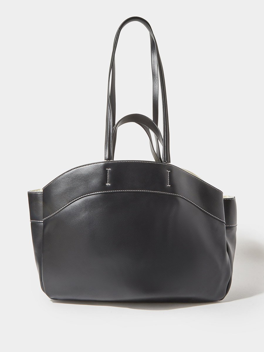 Black Faux Leather Contrast Stitching Structured Tote Bag