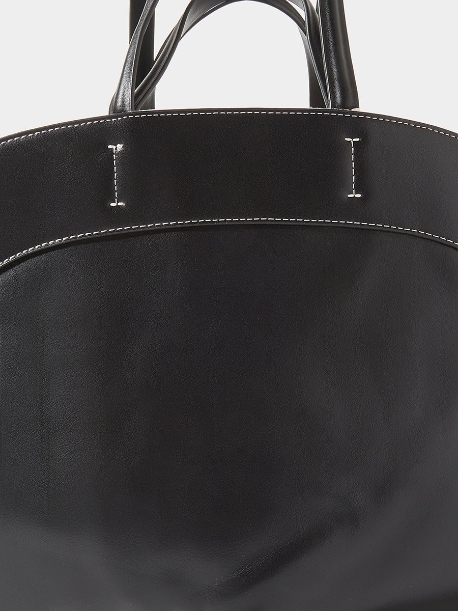 Black Faux Leather Contrast Stitching Structured Tote Bag