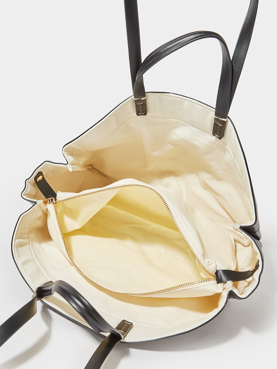 Black Faux Leather Contrast Stitching Structured Tote Bag