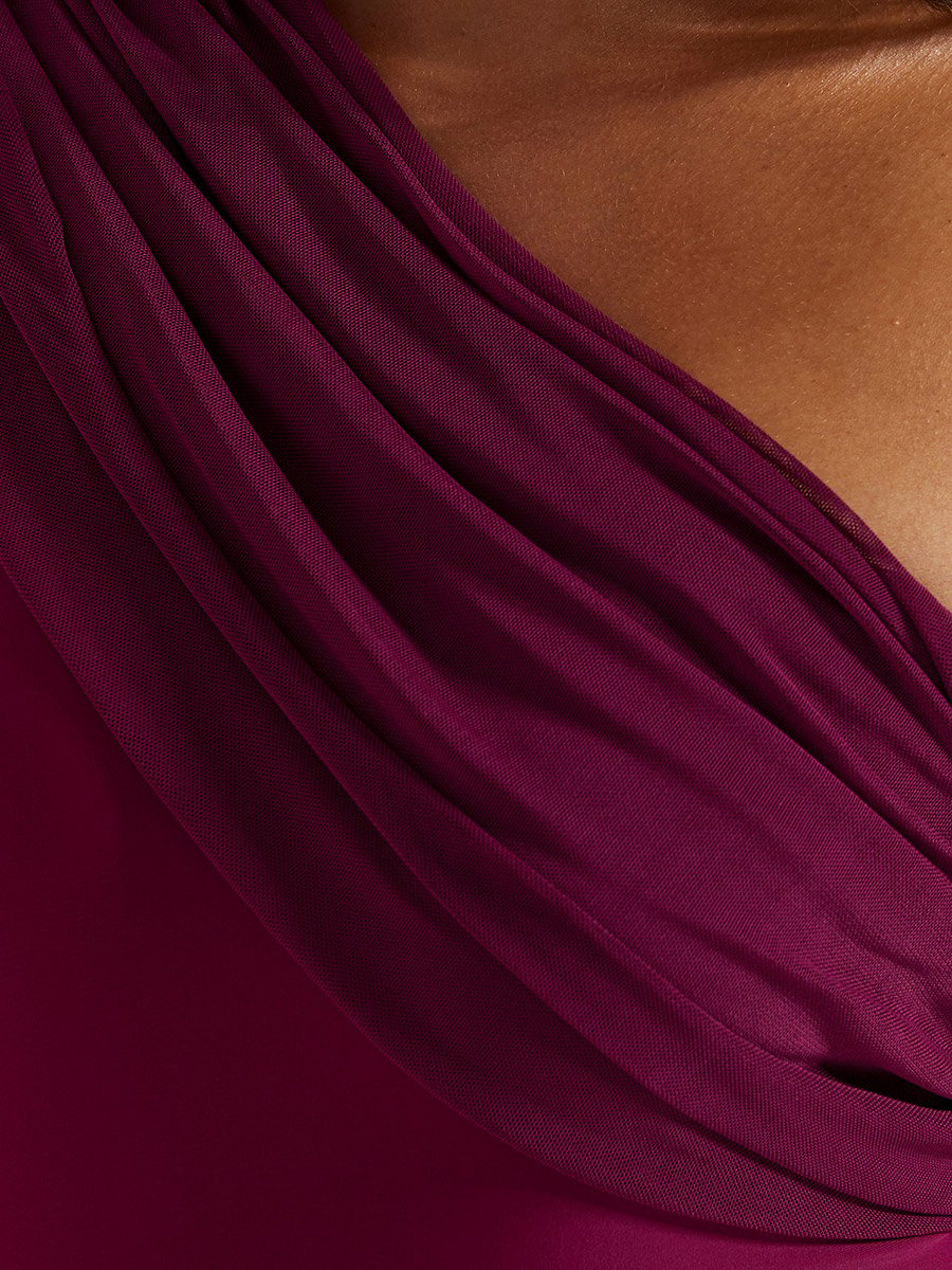 Burgundy One Shoulder Swimsuit with Mesh Drape Tie Sarong