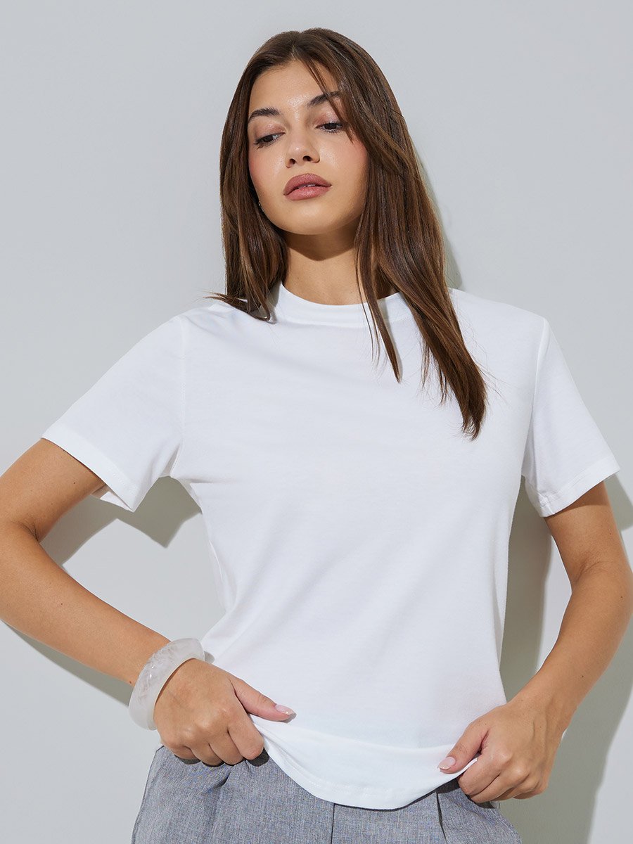White Regular Fit T-Shirt with Curved Hem